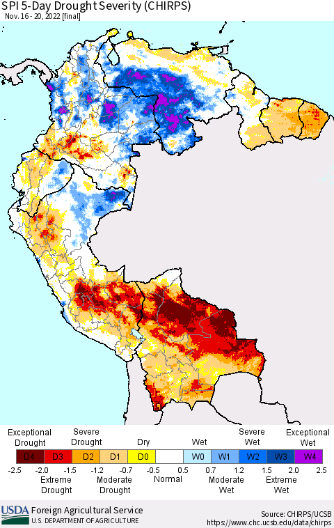 Northern South America SPI 5-Day Drought Severity (CHIRPS) Thematic Map For 11/16/2022 - 11/20/2022