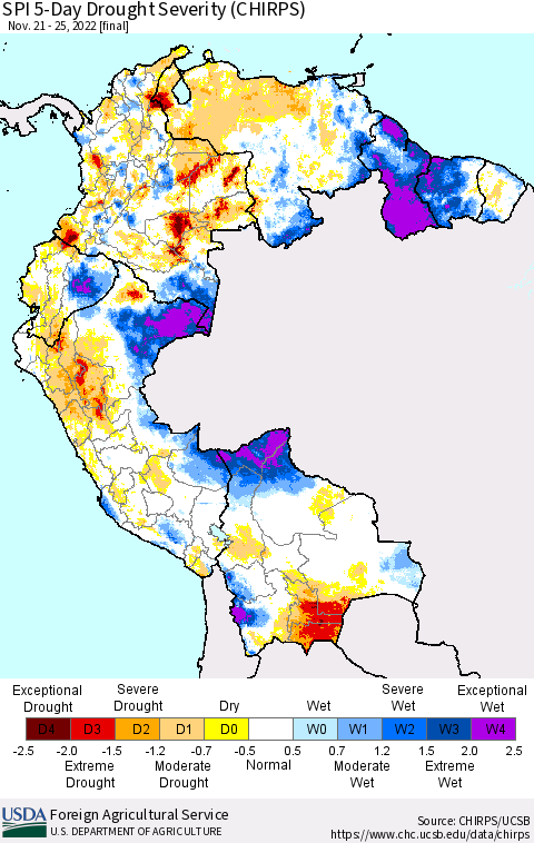 Northern South America SPI 5-Day Drought Severity (CHIRPS) Thematic Map For 11/21/2022 - 11/25/2022