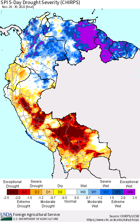 Northern South America SPI 5-Day Drought Severity (CHIRPS) Thematic Map For 11/26/2022 - 11/30/2022