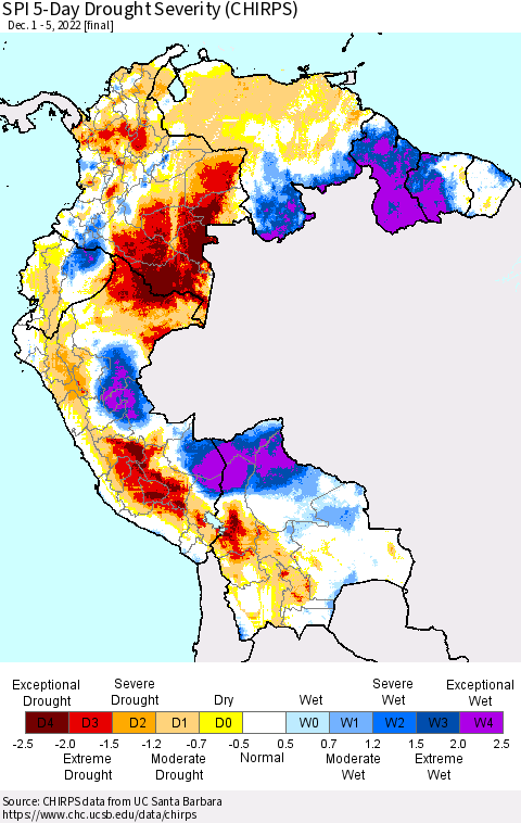 Northern South America SPI 5-Day Drought Severity (CHIRPS) Thematic Map For 12/1/2022 - 12/5/2022