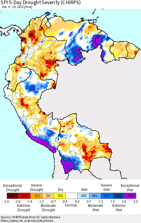 Northern South America SPI 5-Day Drought Severity (CHIRPS) Thematic Map For 12/6/2022 - 12/10/2022