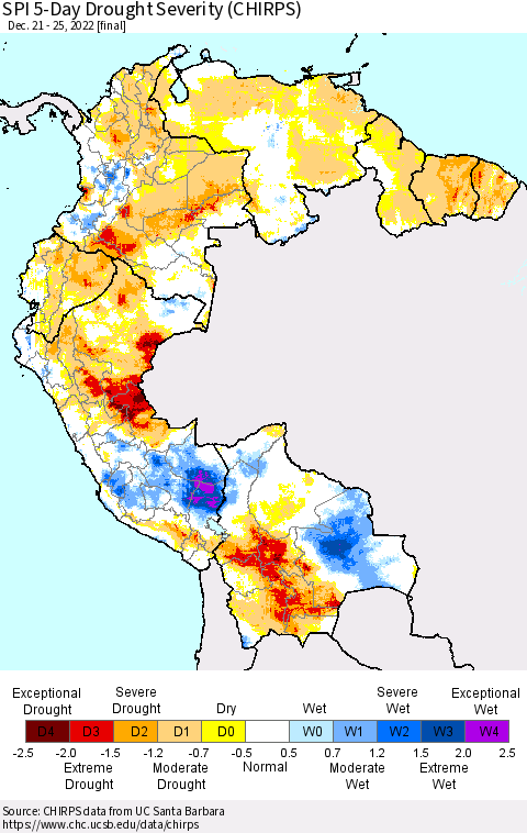 Northern South America SPI 5-Day Drought Severity (CHIRPS) Thematic Map For 12/21/2022 - 12/25/2022