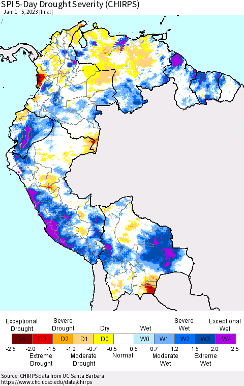 Northern South America SPI 5-Day Drought Severity (CHIRPS) Thematic Map For 1/1/2023 - 1/5/2023