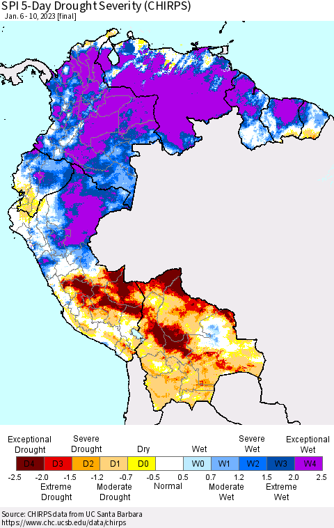 Northern South America SPI 5-Day Drought Severity (CHIRPS) Thematic Map For 1/6/2023 - 1/10/2023