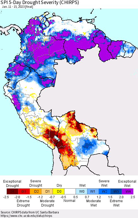 Northern South America SPI 5-Day Drought Severity (CHIRPS) Thematic Map For 1/11/2023 - 1/15/2023