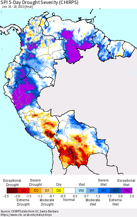 Northern South America SPI 5-Day Drought Severity (CHIRPS) Thematic Map For 1/16/2023 - 1/20/2023