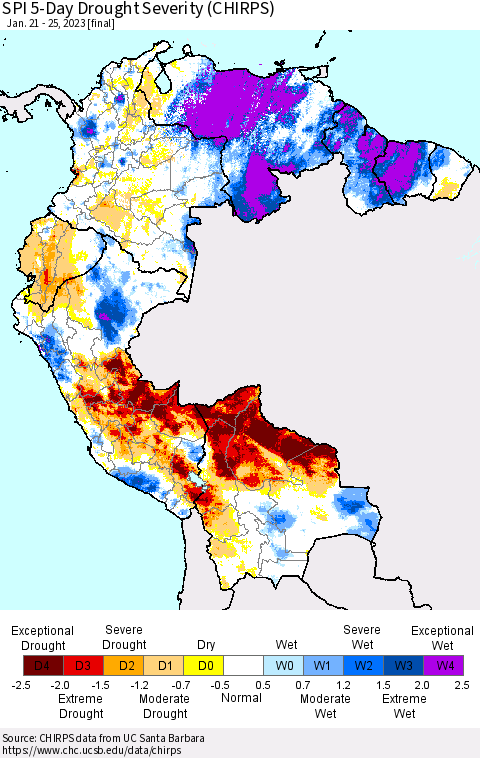 Northern South America SPI 5-Day Drought Severity (CHIRPS) Thematic Map For 1/21/2023 - 1/25/2023