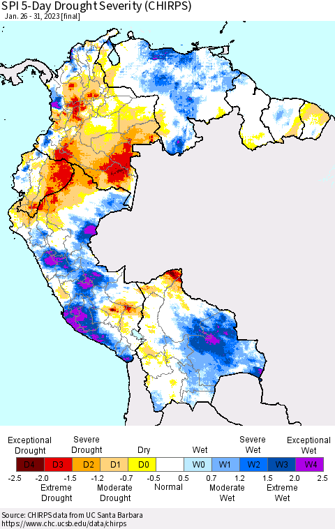 Northern South America SPI 5-Day Drought Severity (CHIRPS) Thematic Map For 1/26/2023 - 1/31/2023