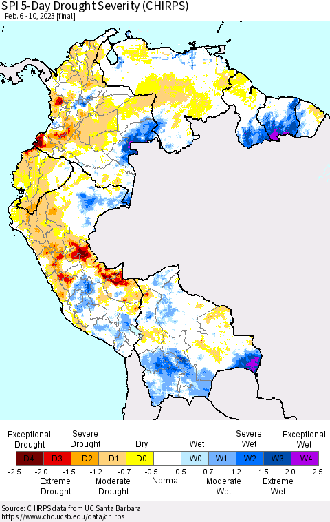 Northern South America SPI 5-Day Drought Severity (CHIRPS) Thematic Map For 2/6/2023 - 2/10/2023