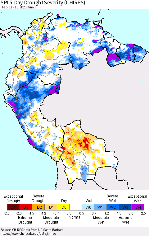 Northern South America SPI 5-Day Drought Severity (CHIRPS) Thematic Map For 2/11/2023 - 2/15/2023