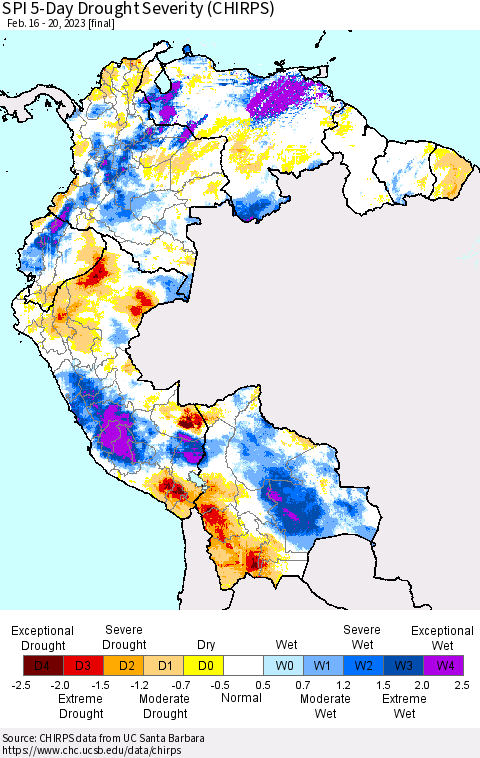 Northern South America SPI 5-Day Drought Severity (CHIRPS) Thematic Map For 2/16/2023 - 2/20/2023