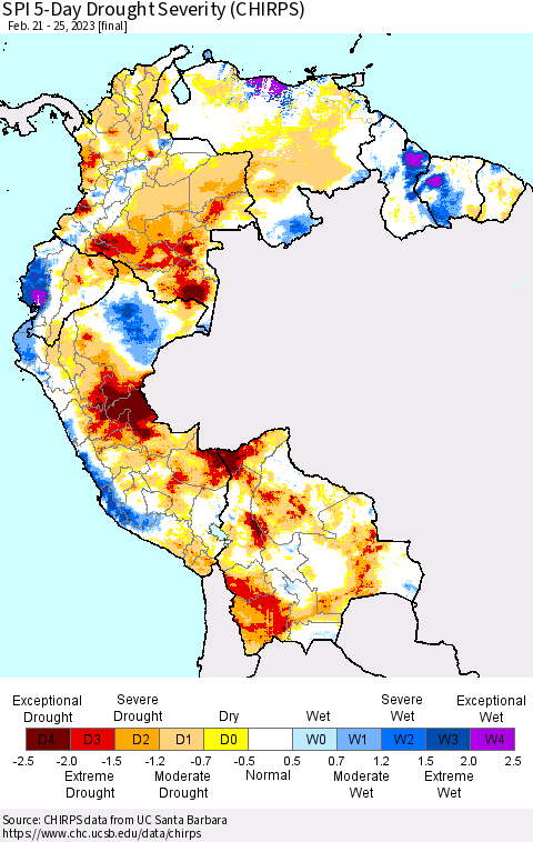 Northern South America SPI 5-Day Drought Severity (CHIRPS) Thematic Map For 2/21/2023 - 2/25/2023