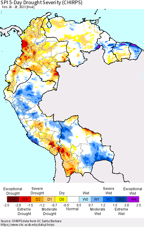 Northern South America SPI 5-Day Drought Severity (CHIRPS) Thematic Map For 2/26/2023 - 2/28/2023