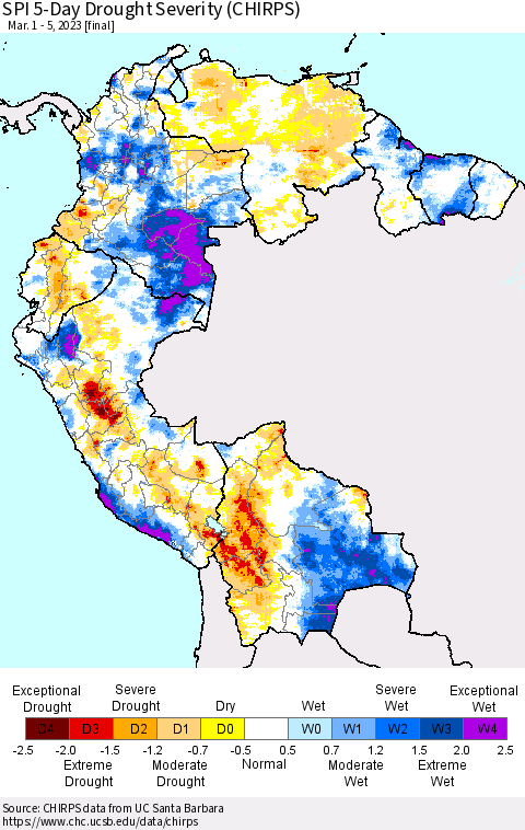 Northern South America SPI 5-Day Drought Severity (CHIRPS) Thematic Map For 3/1/2023 - 3/5/2023