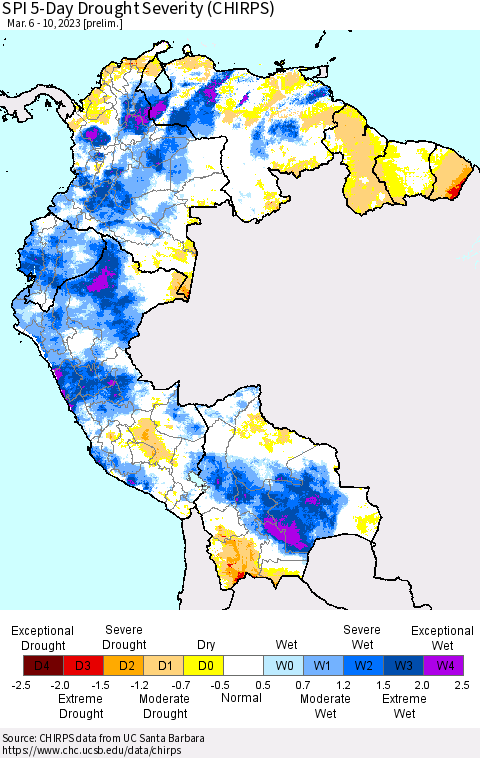 Northern South America SPI 5-Day Drought Severity (CHIRPS) Thematic Map For 3/6/2023 - 3/10/2023