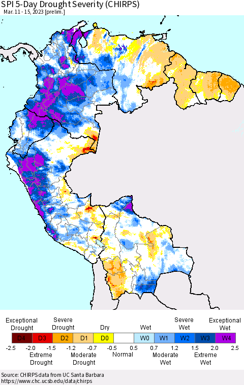 Northern South America SPI 5-Day Drought Severity (CHIRPS) Thematic Map For 3/11/2023 - 3/15/2023