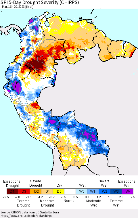 Northern South America SPI 5-Day Drought Severity (CHIRPS) Thematic Map For 3/16/2023 - 3/20/2023
