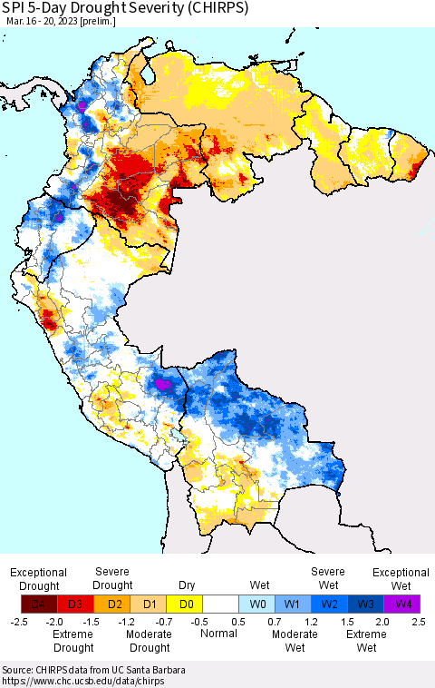 Northern South America SPI 5-Day Drought Severity (CHIRPS) Thematic Map For 3/16/2023 - 3/20/2023
