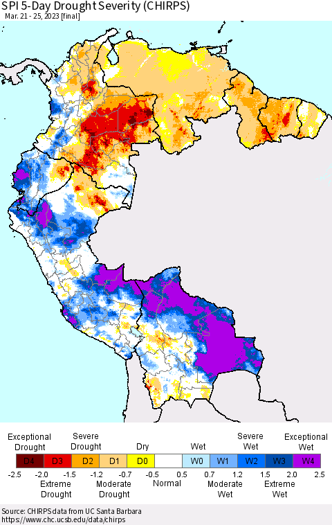 Northern South America SPI 5-Day Drought Severity (CHIRPS) Thematic Map For 3/21/2023 - 3/25/2023