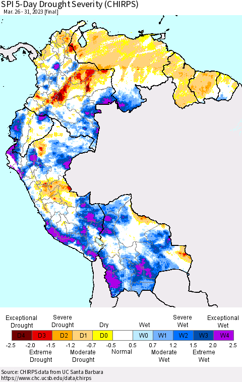 Northern South America SPI 5-Day Drought Severity (CHIRPS) Thematic Map For 3/26/2023 - 3/31/2023