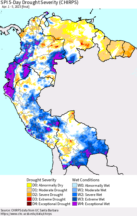 Northern South America SPI 5-Day Drought Severity (CHIRPS) Thematic Map For 4/1/2023 - 4/5/2023