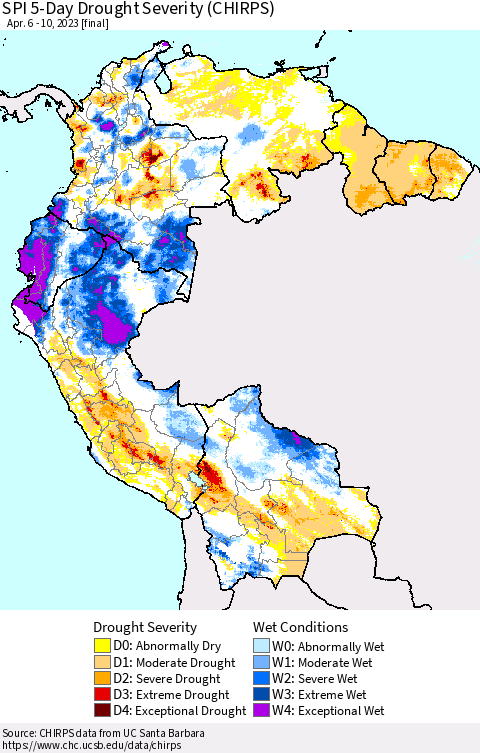 Northern South America SPI 5-Day Drought Severity (CHIRPS) Thematic Map For 4/6/2023 - 4/10/2023