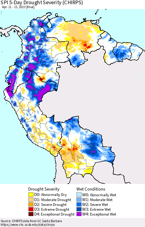 Northern South America SPI 5-Day Drought Severity (CHIRPS) Thematic Map For 4/11/2023 - 4/15/2023