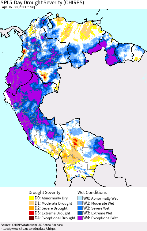 Northern South America SPI 5-Day Drought Severity (CHIRPS) Thematic Map For 4/16/2023 - 4/20/2023