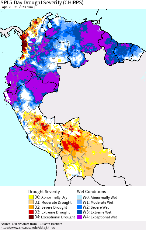 Northern South America SPI 5-Day Drought Severity (CHIRPS) Thematic Map For 4/21/2023 - 4/25/2023