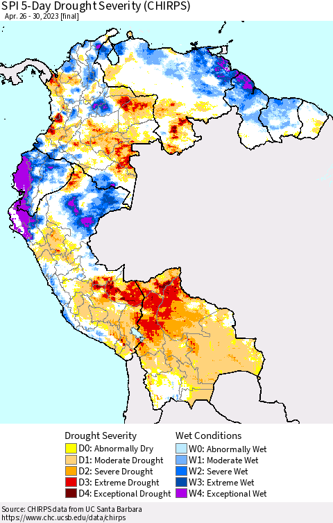 Northern South America SPI 5-Day Drought Severity (CHIRPS) Thematic Map For 4/26/2023 - 4/30/2023