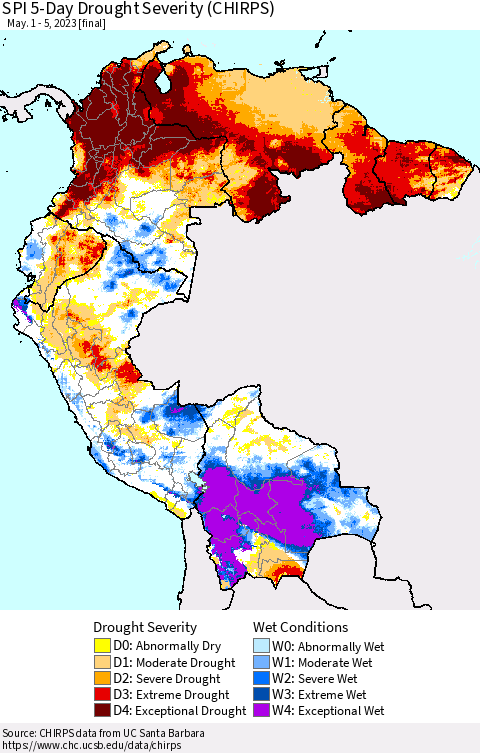 Northern South America SPI 5-Day Drought Severity (CHIRPS) Thematic Map For 5/1/2023 - 5/5/2023