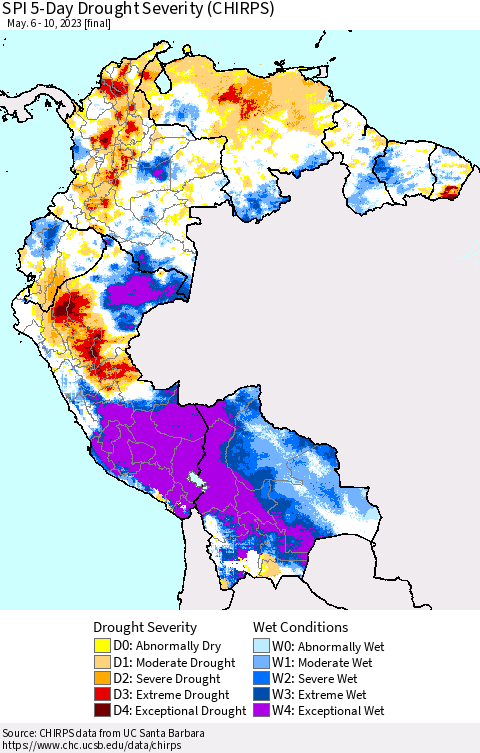 Northern South America SPI 5-Day Drought Severity (CHIRPS) Thematic Map For 5/6/2023 - 5/10/2023