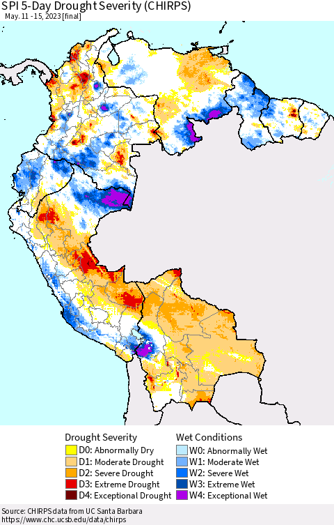 Northern South America SPI 5-Day Drought Severity (CHIRPS) Thematic Map For 5/11/2023 - 5/15/2023