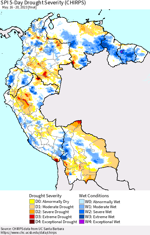Northern South America SPI 5-Day Drought Severity (CHIRPS) Thematic Map For 5/16/2023 - 5/20/2023