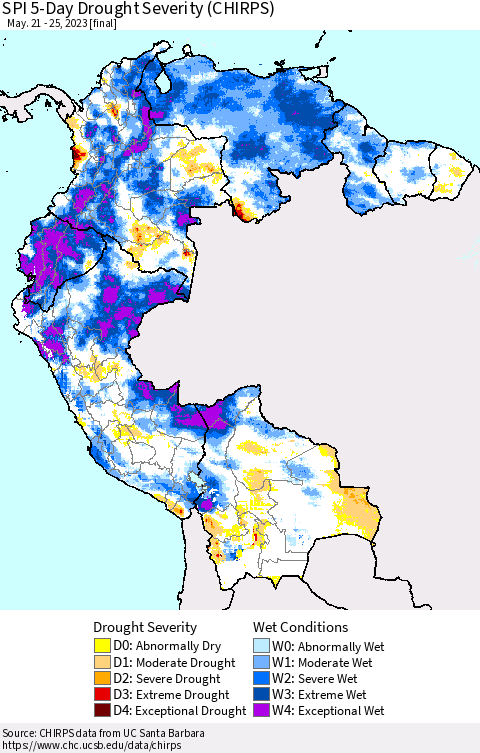 Northern South America SPI 5-Day Drought Severity (CHIRPS) Thematic Map For 5/21/2023 - 5/25/2023