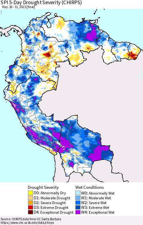 Northern South America SPI 5-Day Drought Severity (CHIRPS) Thematic Map For 5/26/2023 - 5/31/2023