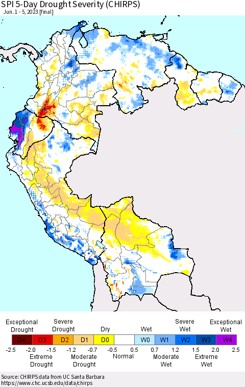 Northern South America SPI 5-Day Drought Severity (CHIRPS) Thematic Map For 6/1/2023 - 6/5/2023