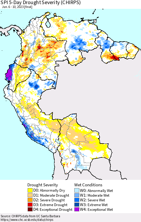 Northern South America SPI 5-Day Drought Severity (CHIRPS) Thematic Map For 6/6/2023 - 6/10/2023