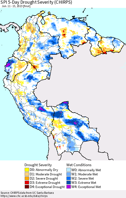 Northern South America SPI 5-Day Drought Severity (CHIRPS) Thematic Map For 6/11/2023 - 6/15/2023
