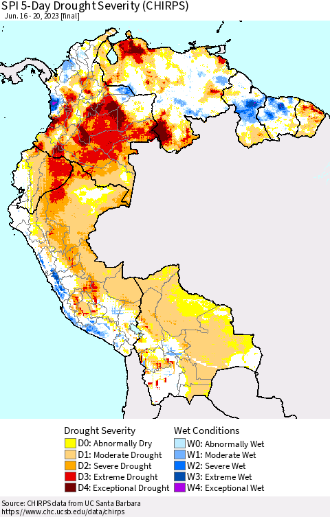 Northern South America SPI 5-Day Drought Severity (CHIRPS) Thematic Map For 6/16/2023 - 6/20/2023
