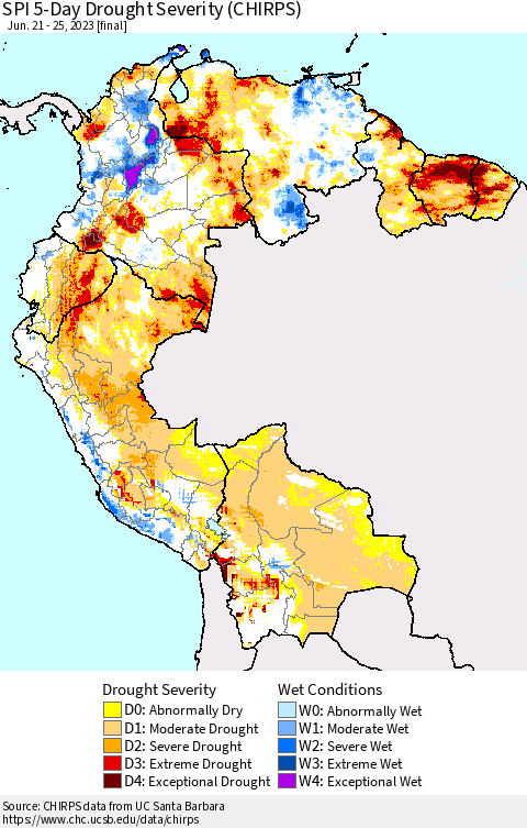 Northern South America SPI 5-Day Drought Severity (CHIRPS) Thematic Map For 6/21/2023 - 6/25/2023