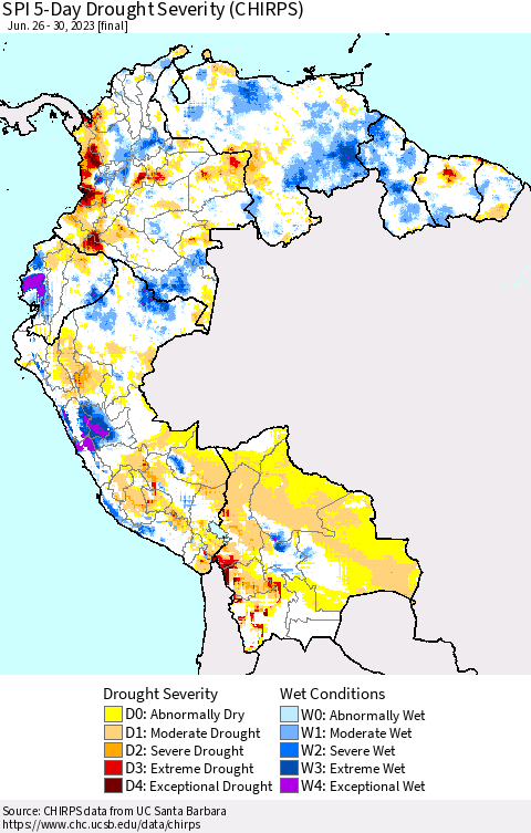 Northern South America SPI 5-Day Drought Severity (CHIRPS) Thematic Map For 6/26/2023 - 6/30/2023