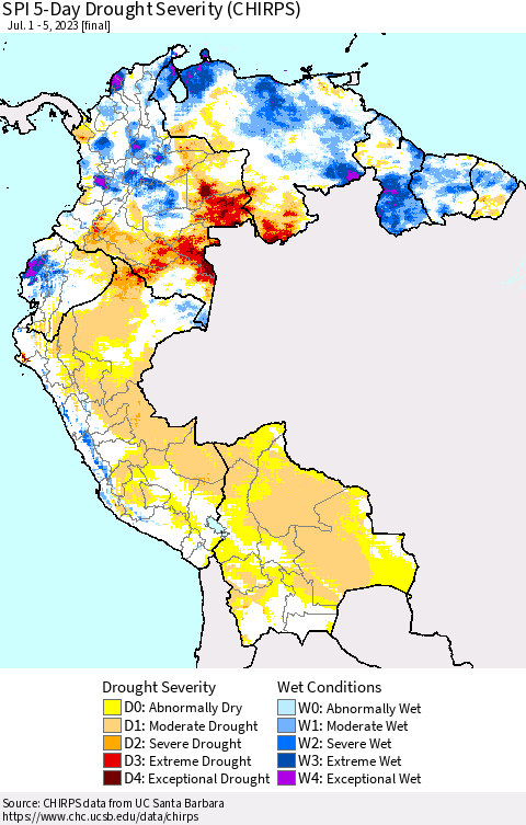 Northern South America SPI 5-Day Drought Severity (CHIRPS) Thematic Map For 7/1/2023 - 7/5/2023
