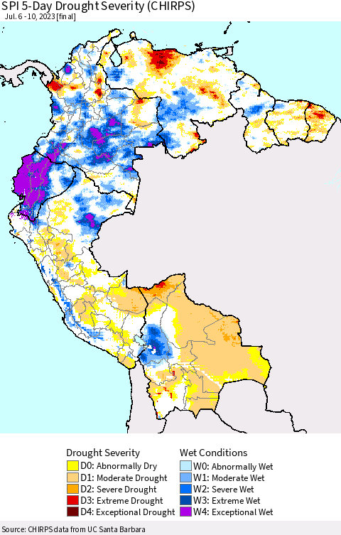Northern South America SPI 5-Day Drought Severity (CHIRPS) Thematic Map For 7/6/2023 - 7/10/2023