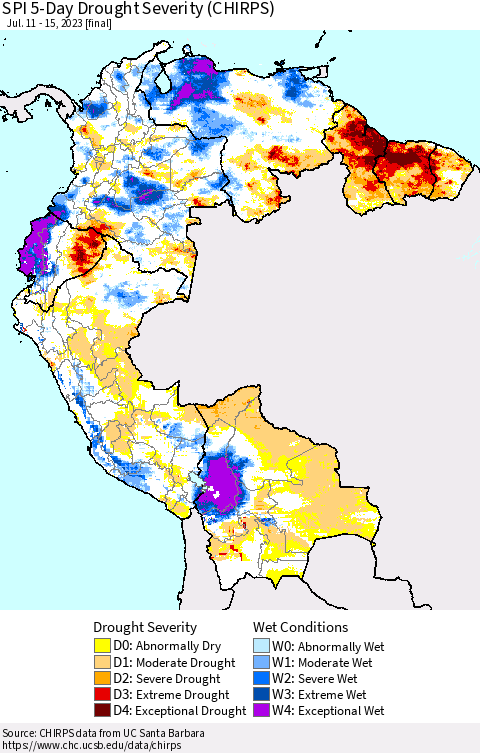 Northern South America SPI 5-Day Drought Severity (CHIRPS) Thematic Map For 7/11/2023 - 7/15/2023