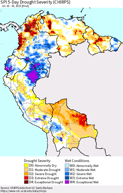 Northern South America SPI 5-Day Drought Severity (CHIRPS) Thematic Map For 7/16/2023 - 7/20/2023