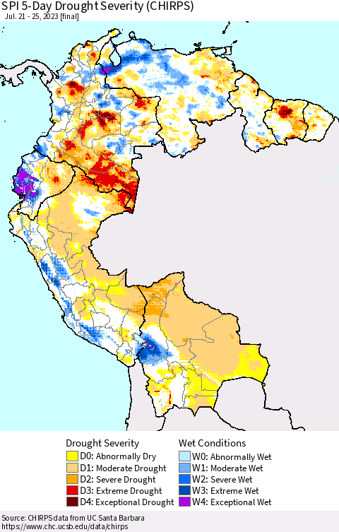 Northern South America SPI 5-Day Drought Severity (CHIRPS) Thematic Map For 7/21/2023 - 7/25/2023