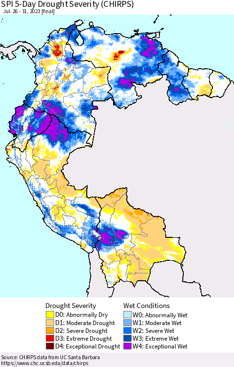 Northern South America SPI 5-Day Drought Severity (CHIRPS) Thematic Map For 7/26/2023 - 7/31/2023