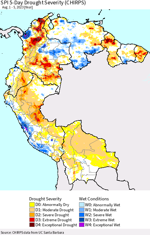 Northern South America SPI 5-Day Drought Severity (CHIRPS) Thematic Map For 8/1/2023 - 8/5/2023