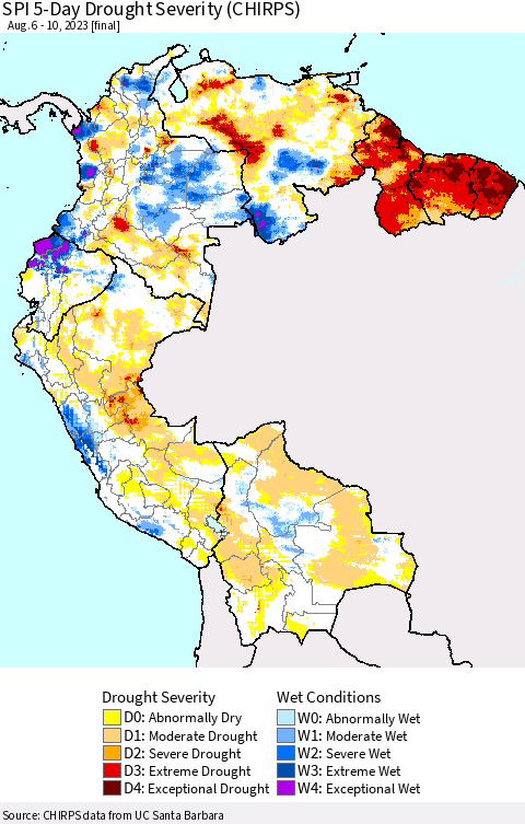 Northern South America SPI 5-Day Drought Severity (CHIRPS) Thematic Map For 8/6/2023 - 8/10/2023